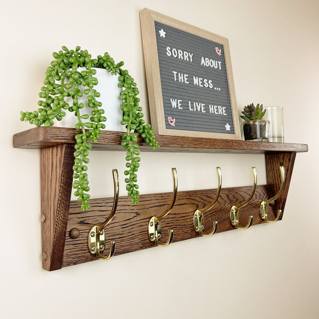 Oak coat rack with shelf - walnut finish with polished brass hooks
