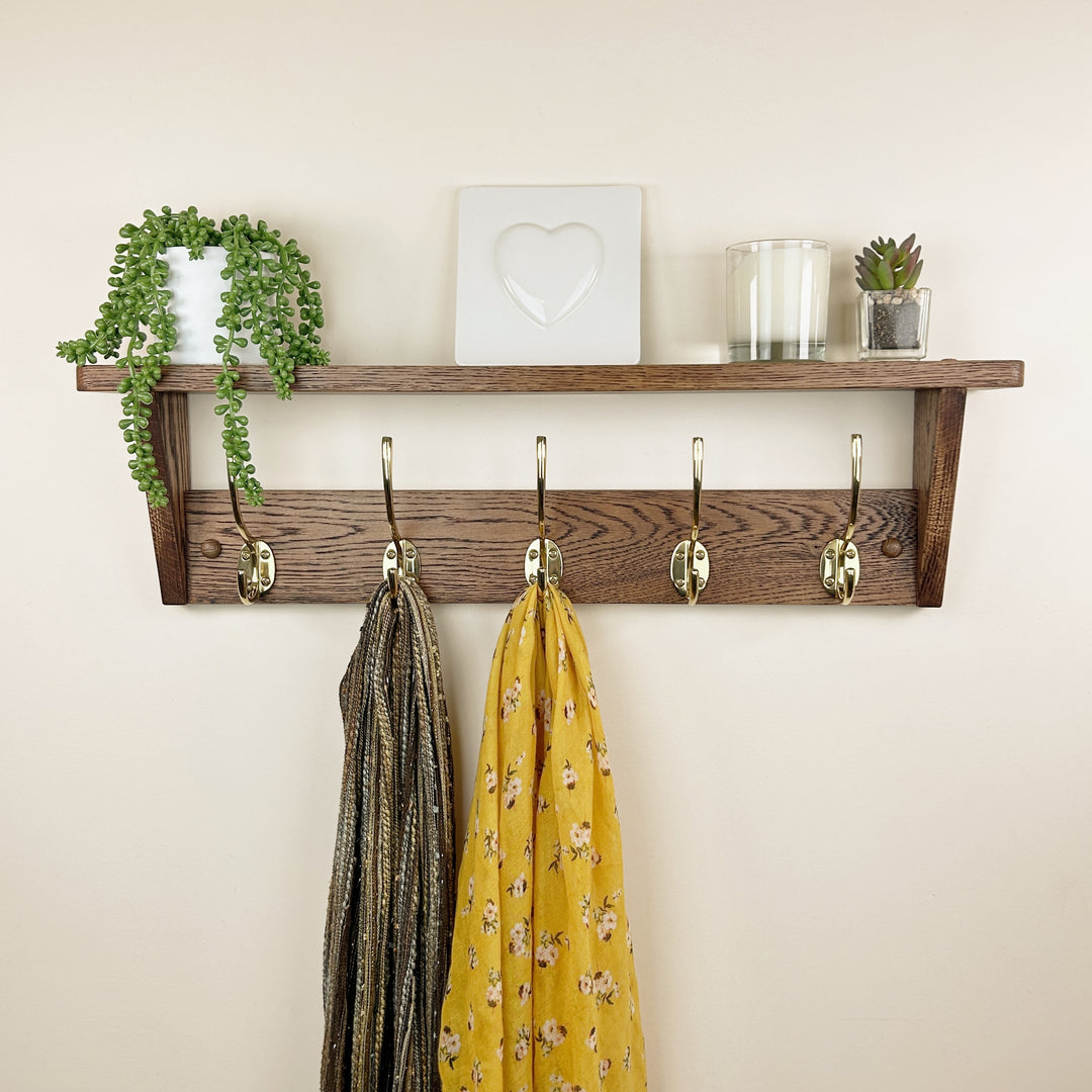 Oak coat rack with shelf - walnut finish with polished brass hooks