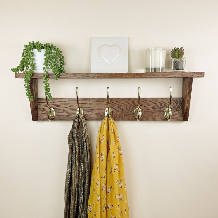 Oak coat rack with shelf - walnut finish with polished brass hooks