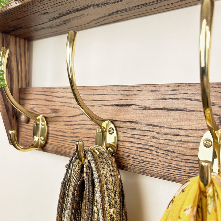 Oak coat rack with shelf - walnut finish with polished brass hooks