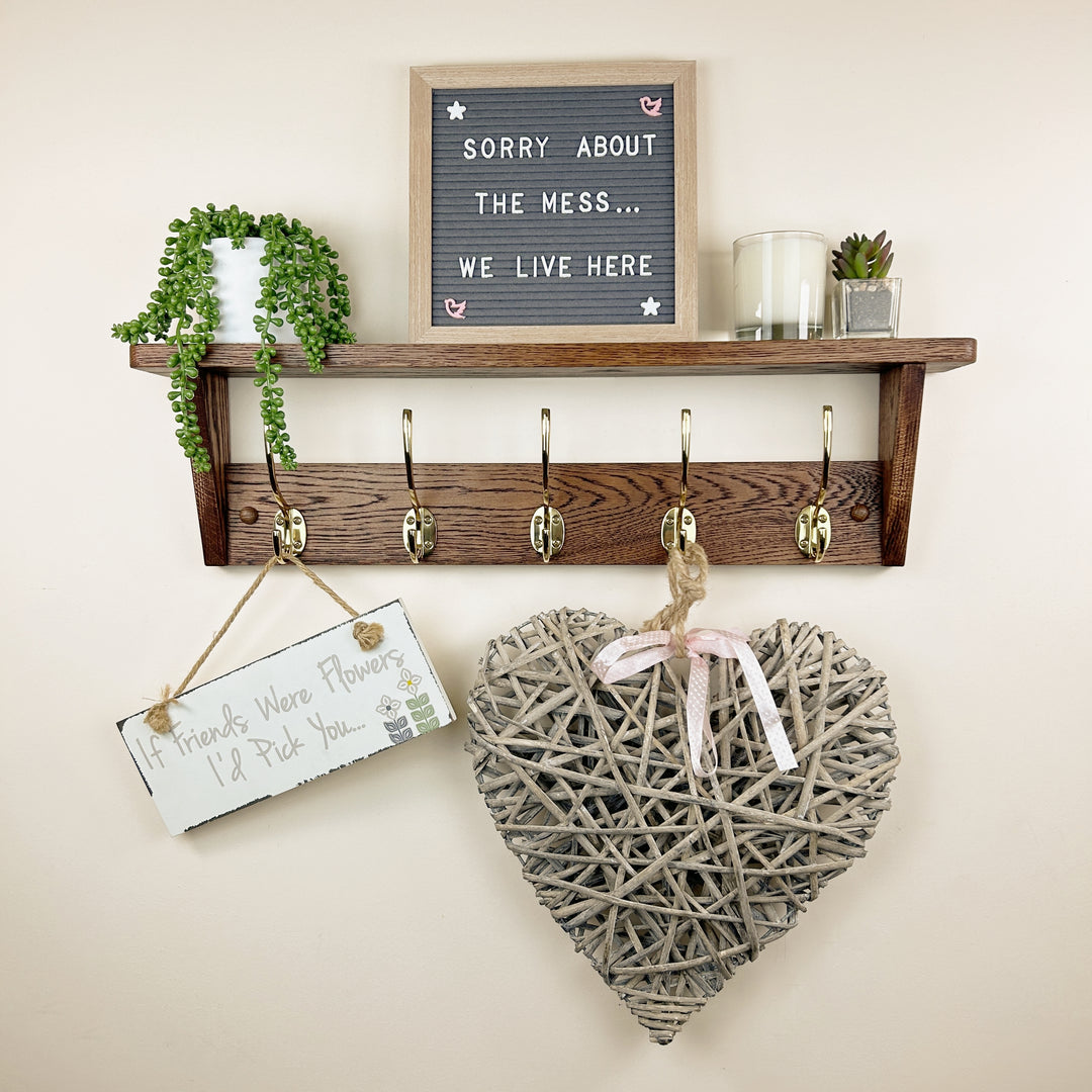 Oak coat rack with shelf - walnut finish with polished brass hooks