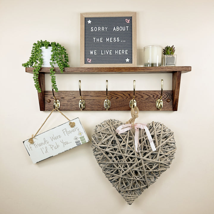 Oak coat rack with shelf - walnut finish with polished brass hooks