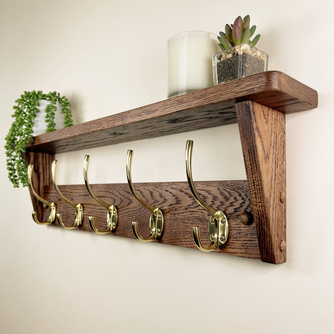 Oak coat rack with shelf - walnut finish with polished brass hooks