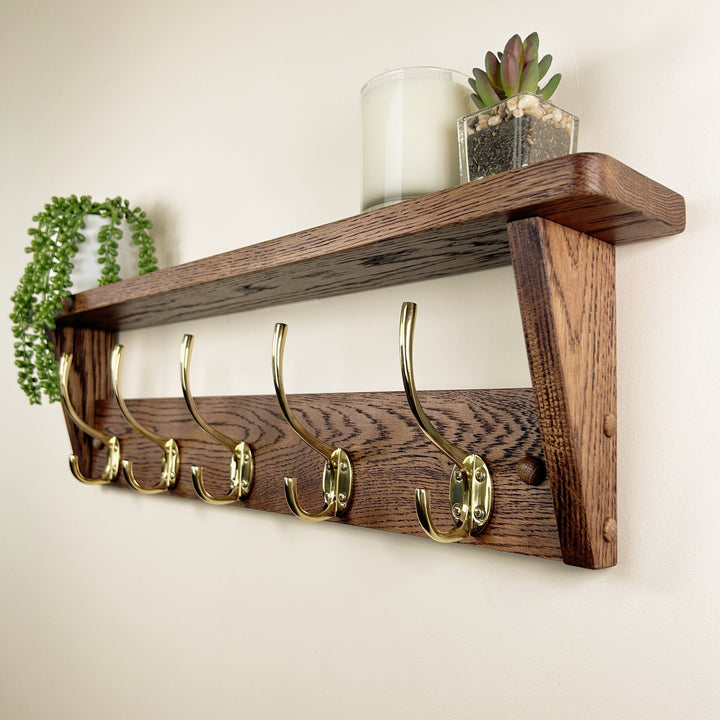 Oak coat rack with shelf - walnut finish with polished brass hooks