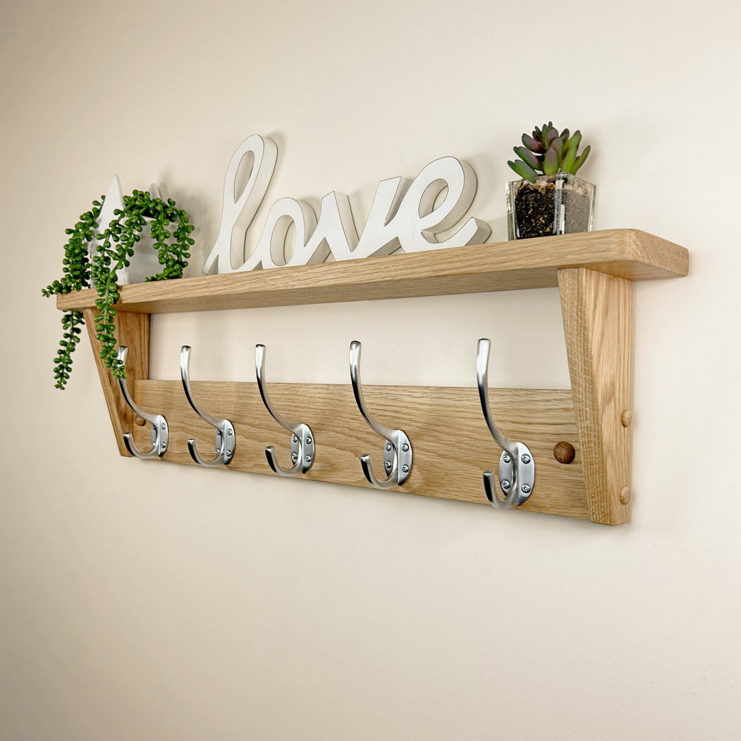 Oak coat rack with shelf - satin brushed steel hooks