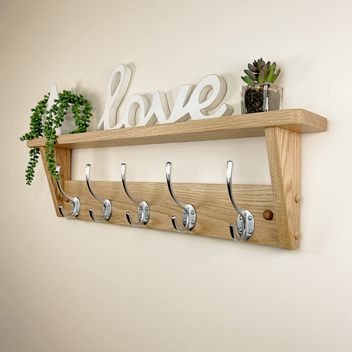 Oak coat rack with shelf - satin brushed steel hooks