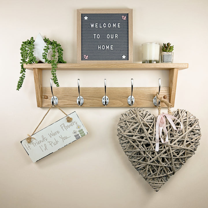 Oak coat rack with shelf - satin brushed steel hooks
