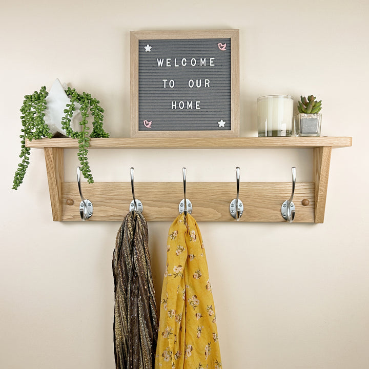 Oak coat rack with shelf - satin brushed steel hooks