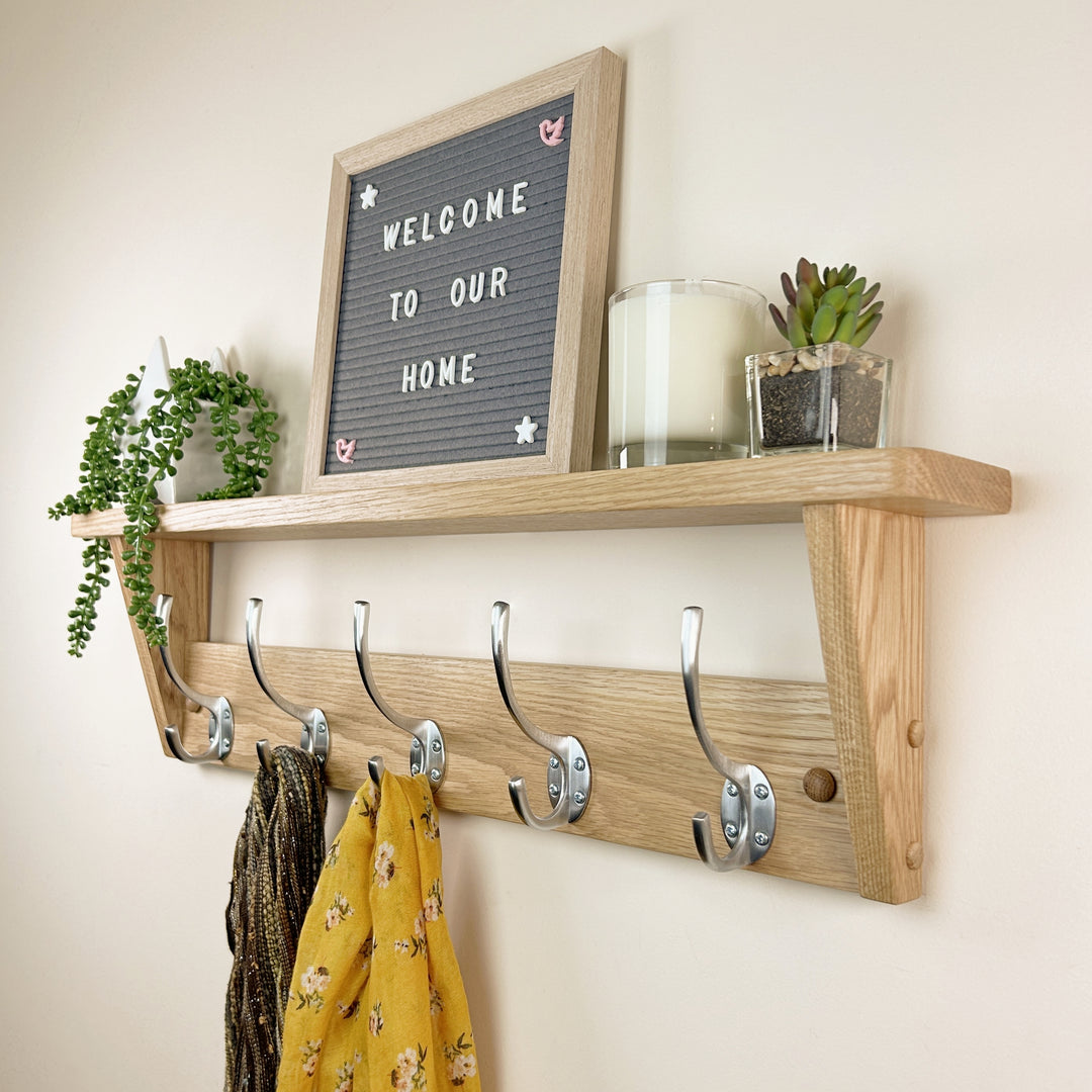 Oak coat rack with shelf - satin brushed steel hooks