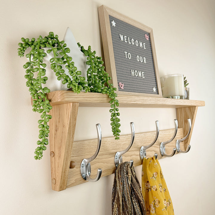 Oak coat rack with shelf - satin brushed steel hooks