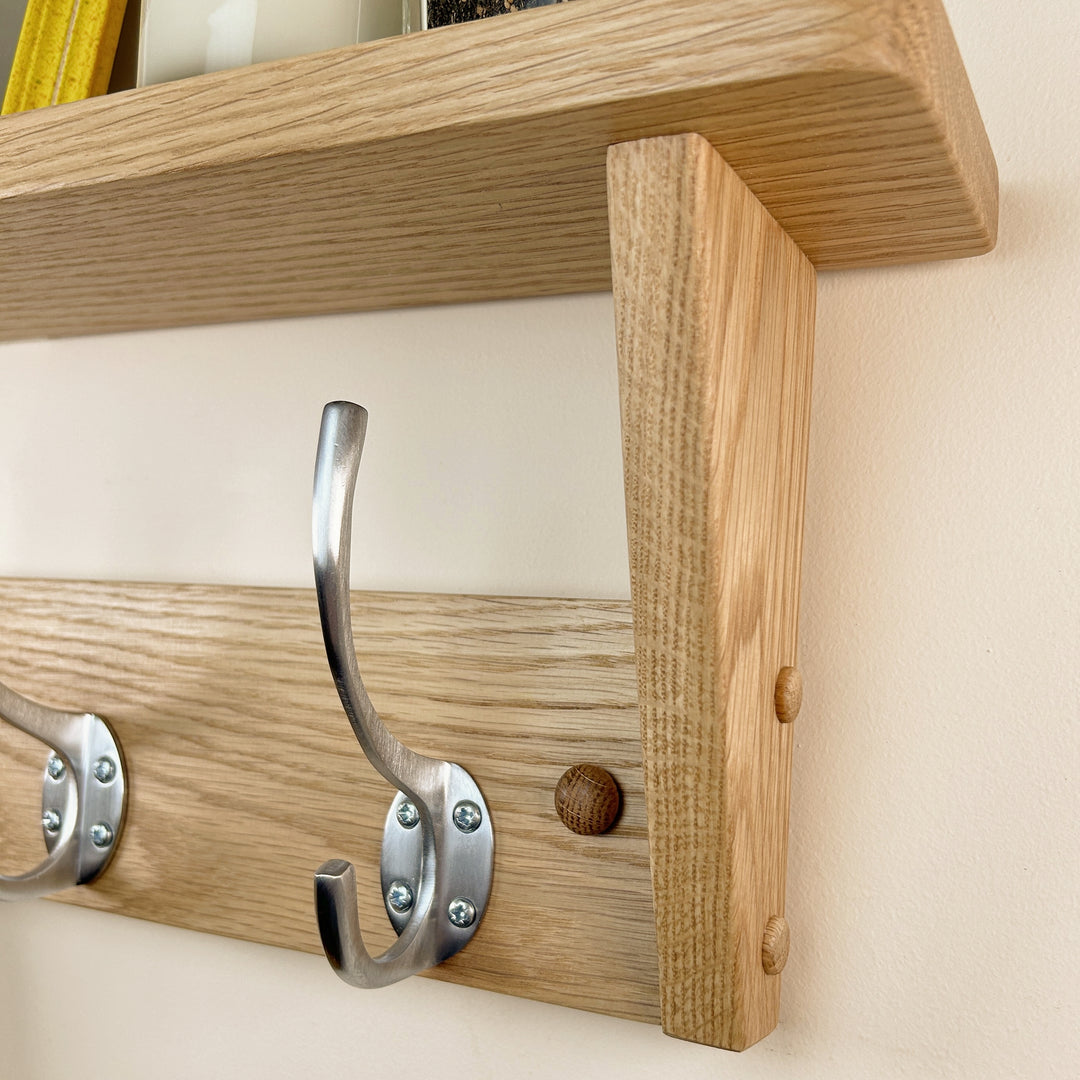 Oak coat rack with shelf - satin brushed steel hooks