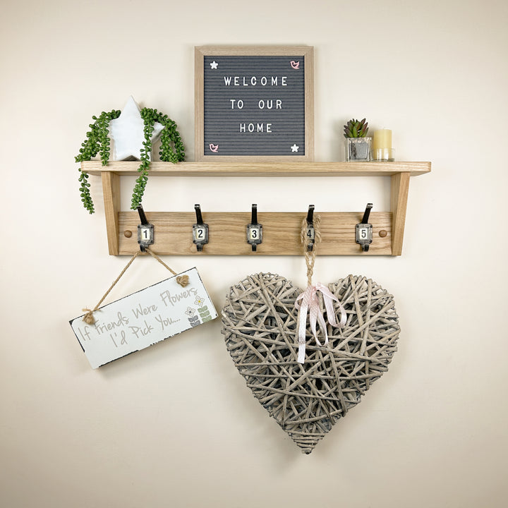 Oak coat rack with shelf - school style cast iron hooks