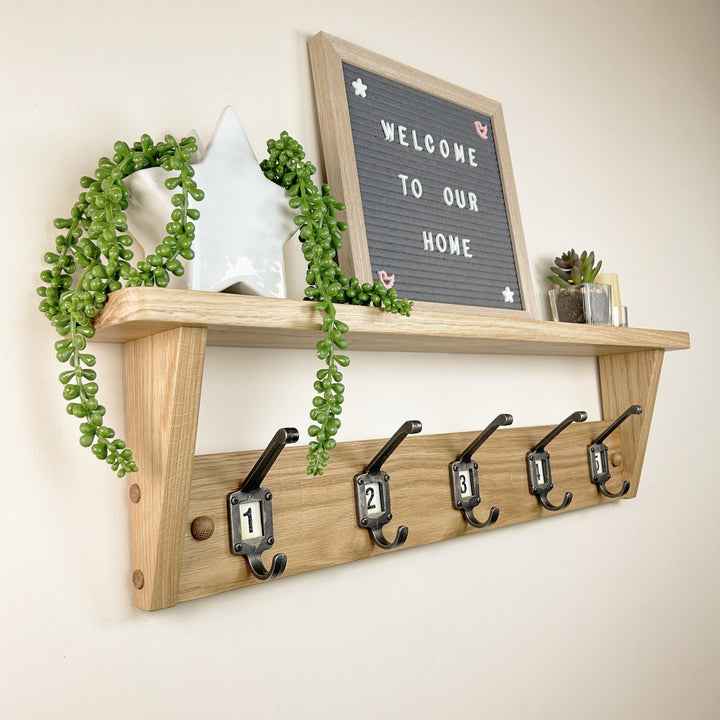 Oak coat rack with shelf - school style cast iron hooks