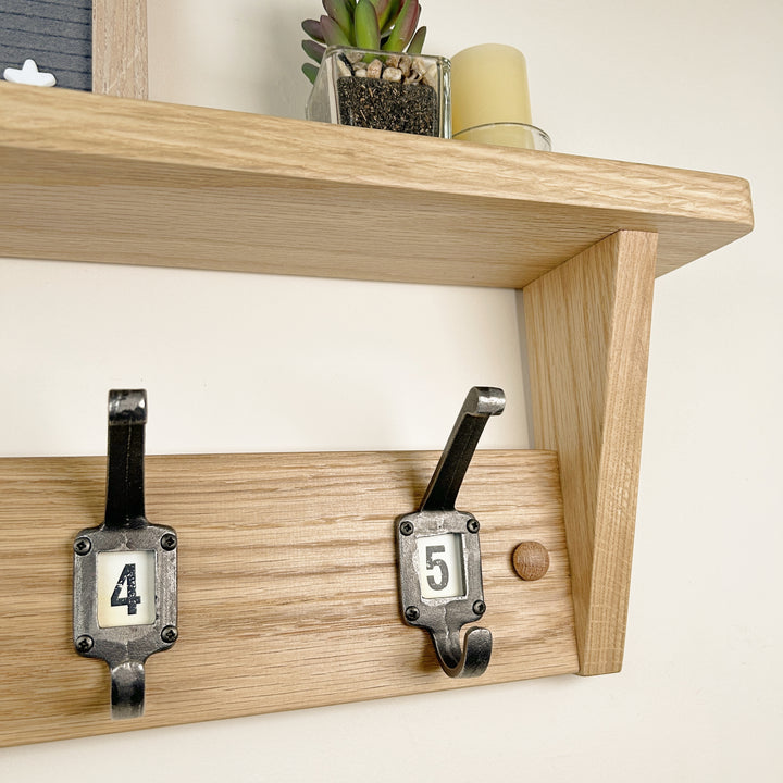 Oak coat rack with shelf - school style cast iron hooks