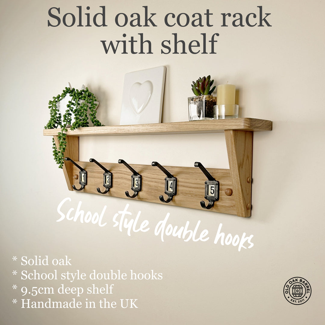 Oak coat rack with shelf - school style cast iron hooks