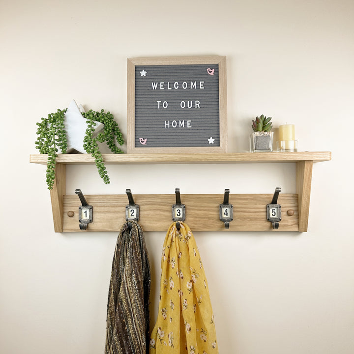 Oak coat rack with shelf - school style cast iron hooks