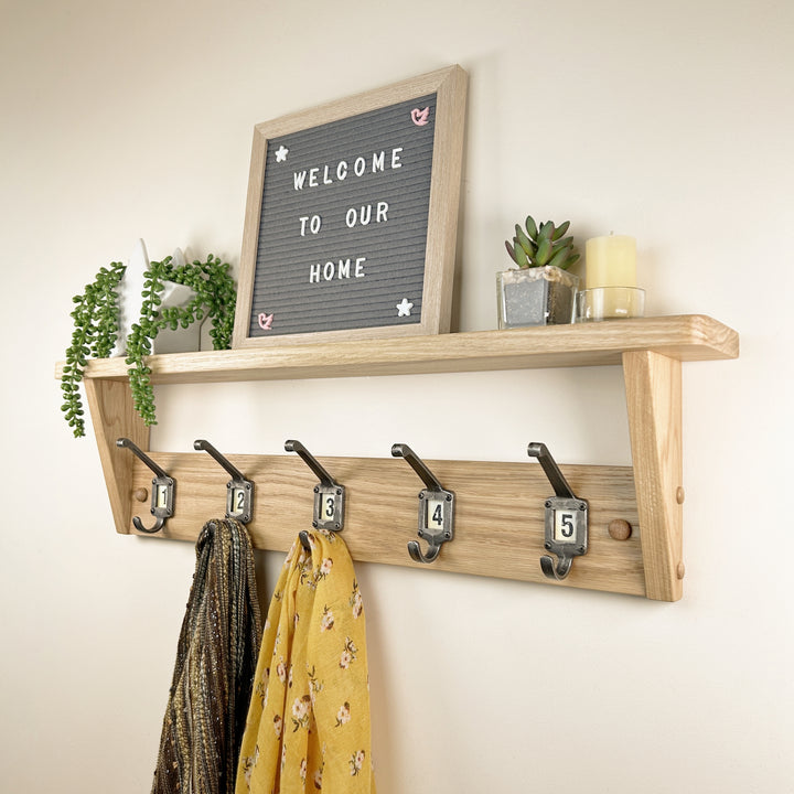 Oak coat rack with shelf - school style cast iron hooks