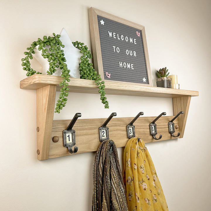 Oak coat rack with shelf - school style cast iron hooks