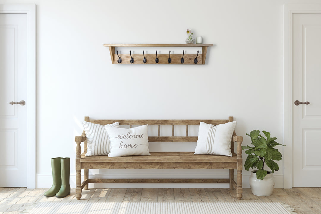 Oak coat rack with shelf - polished cast iron double hooks