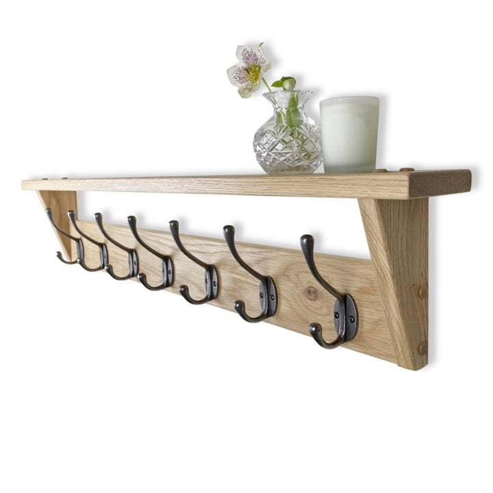 Oak coat rack with shelf - polished cast iron double hooks