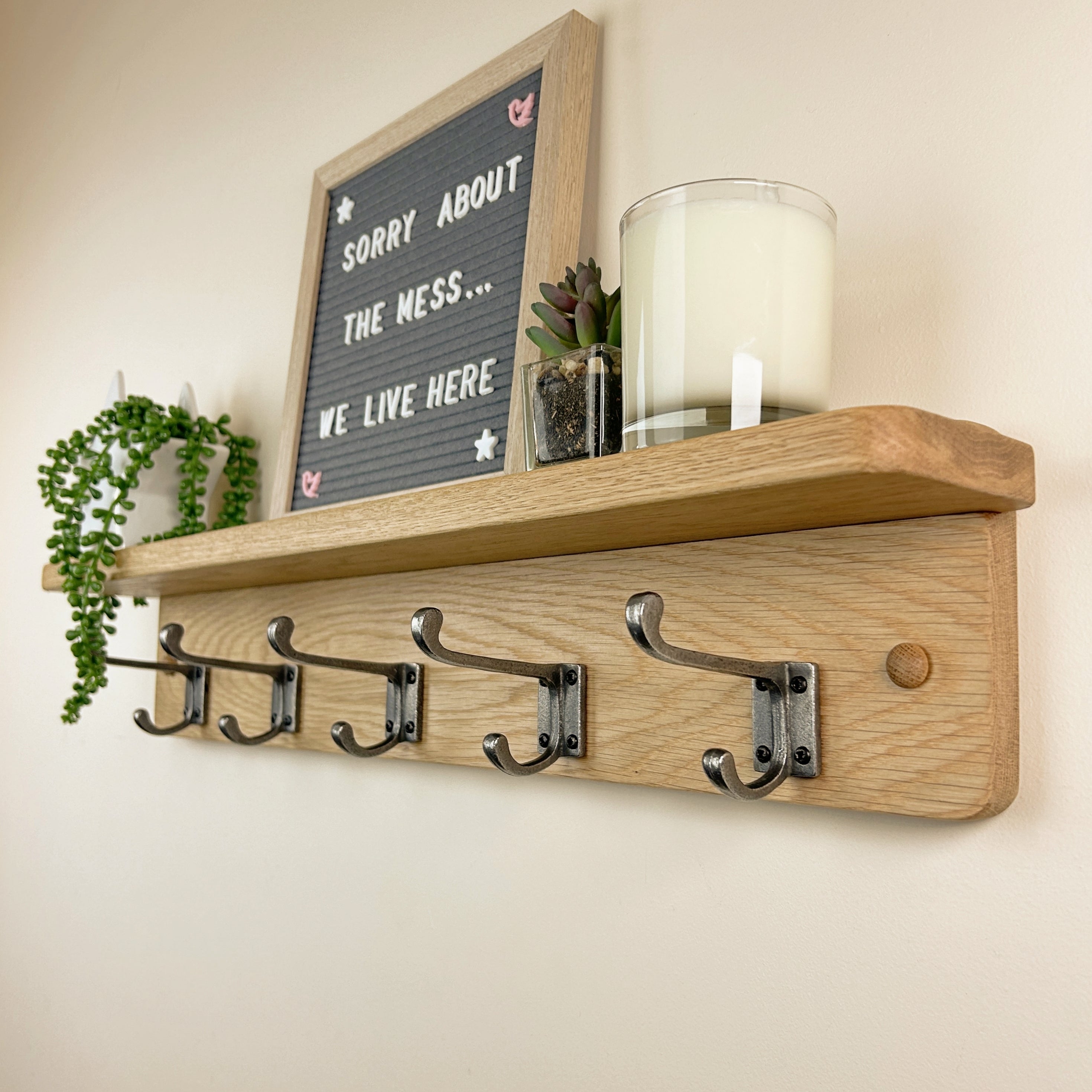 Oak Coat Rack with Integrated Shelf Polished Cast Iron Double Hooks Old Oak Barrel