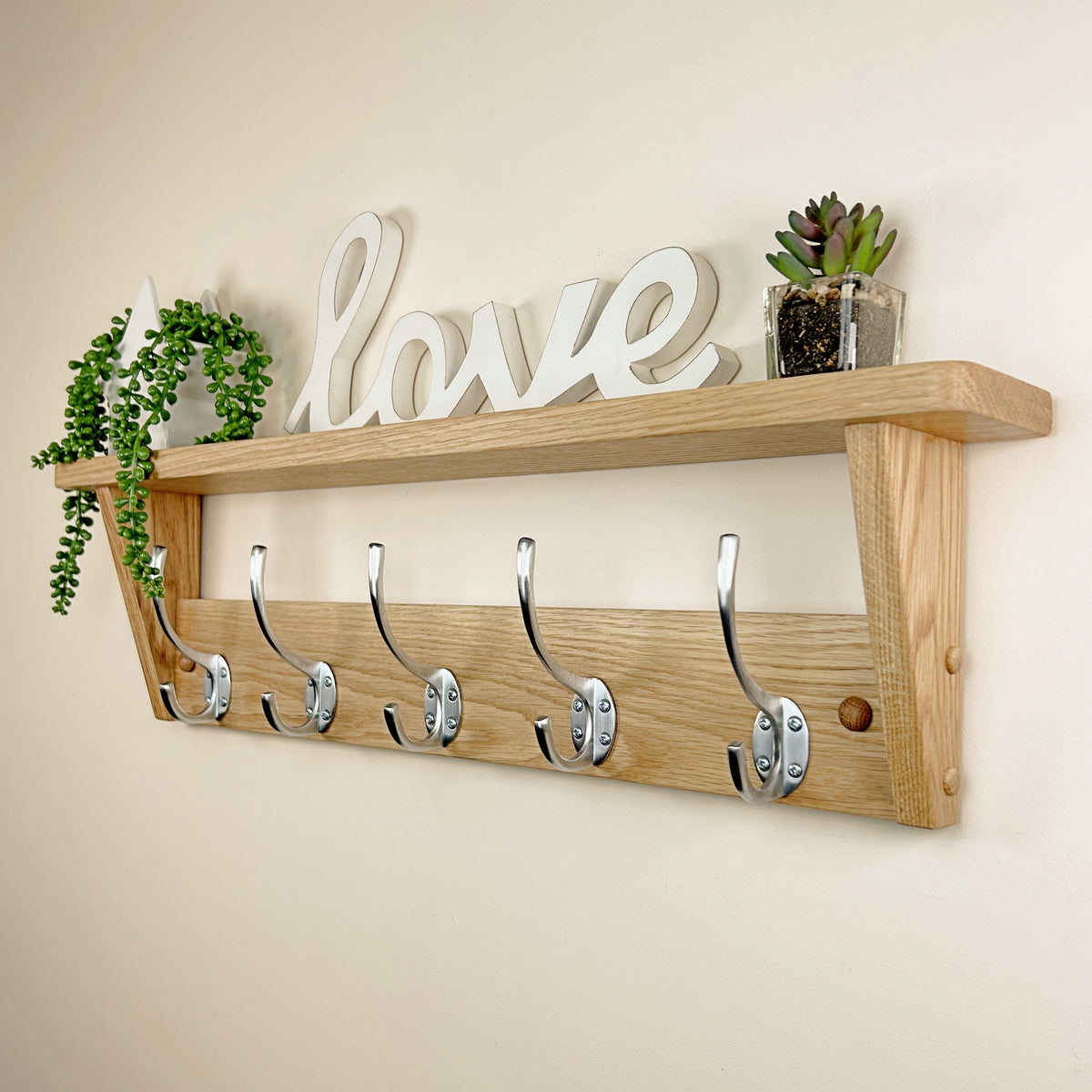 Oak Coat Rack with Integrated Shelf - Polished Cast Iron Double Hooks ...