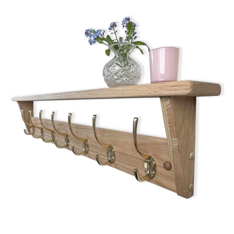 Oak rack with shelf - polished brass hooks