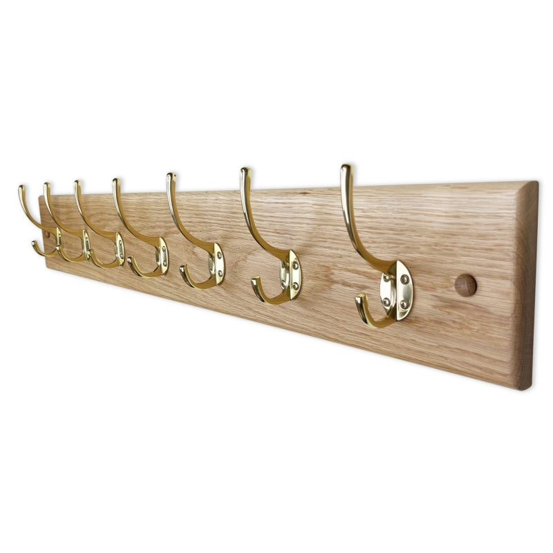 Solid oak rack - polished brass hooks