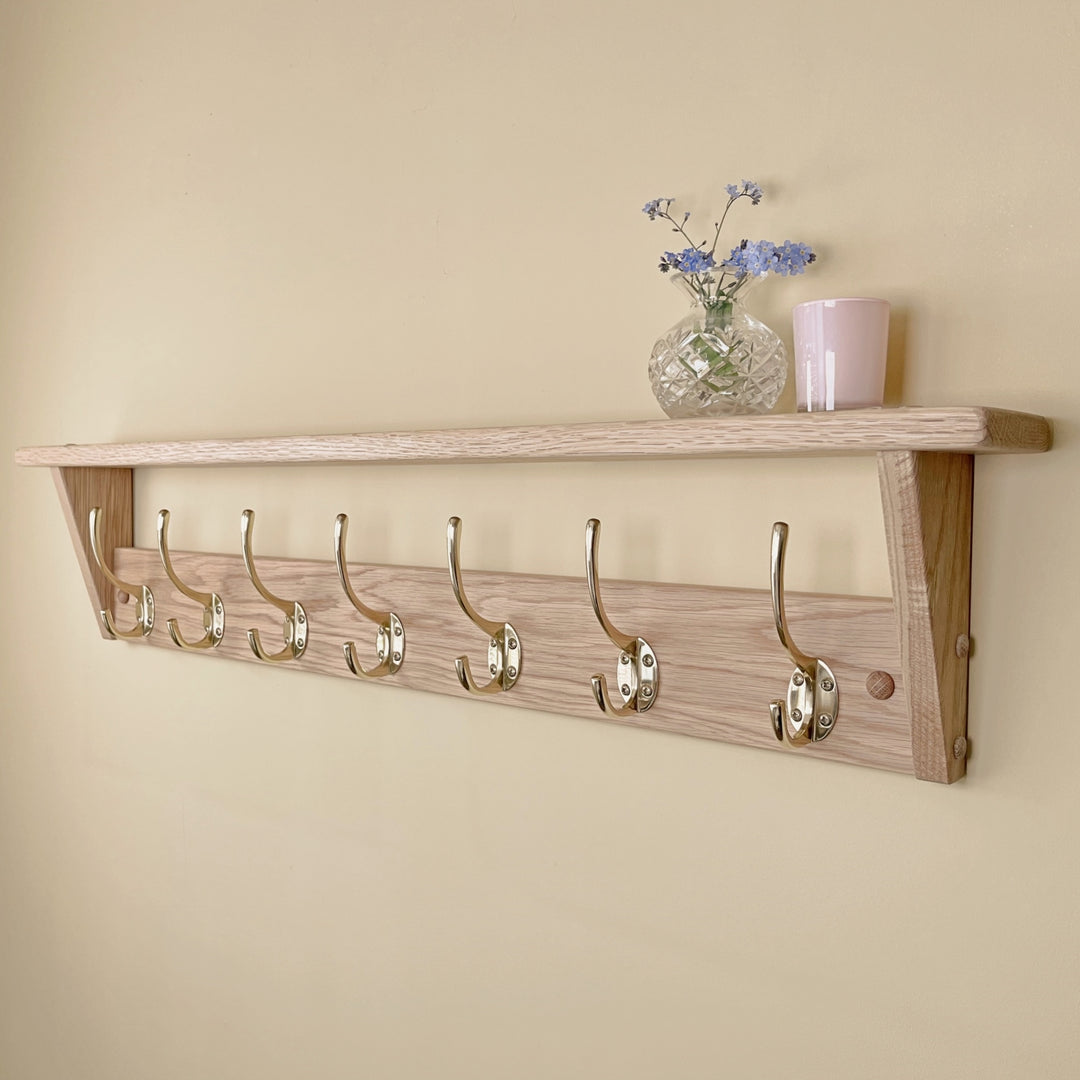 Oak coat rack with shelf - polished brass hooks – Old Oak Barrel