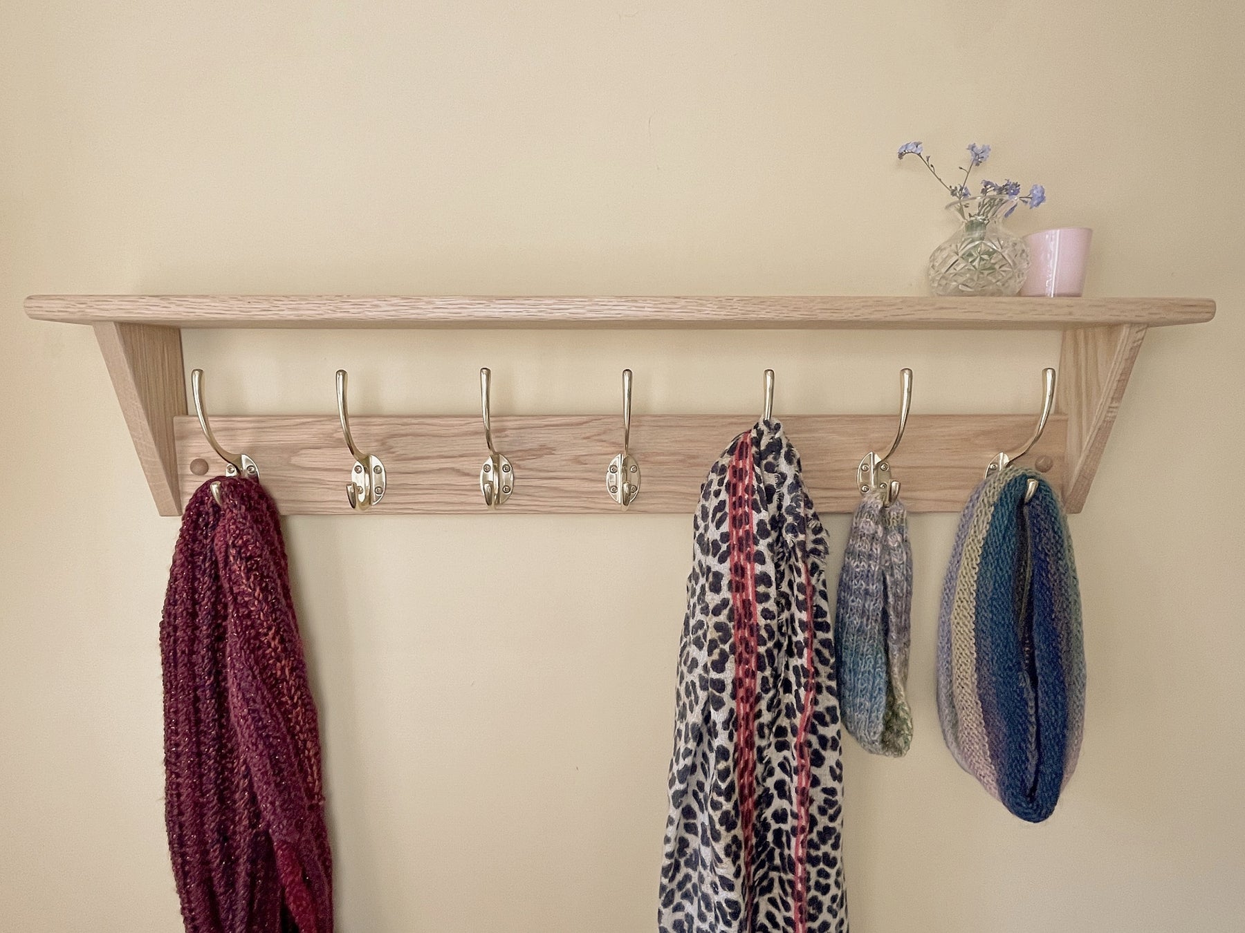 Oak Coat Rack with Shelf - Polished Brass Hooks – Old Oak Barrel