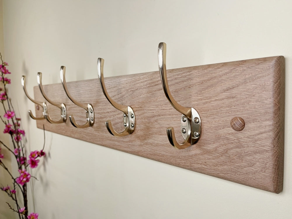 Solid oak coat rack - polished brass hooks