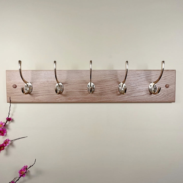 Solid oak rack - polished brass hooks