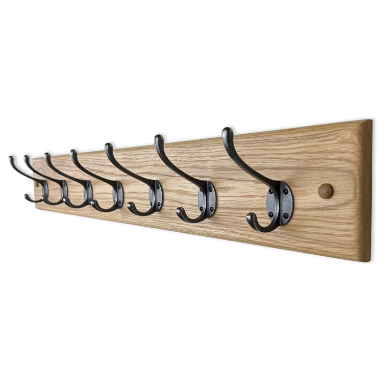 Solid oak coat rack - polished cast iron double hooks
