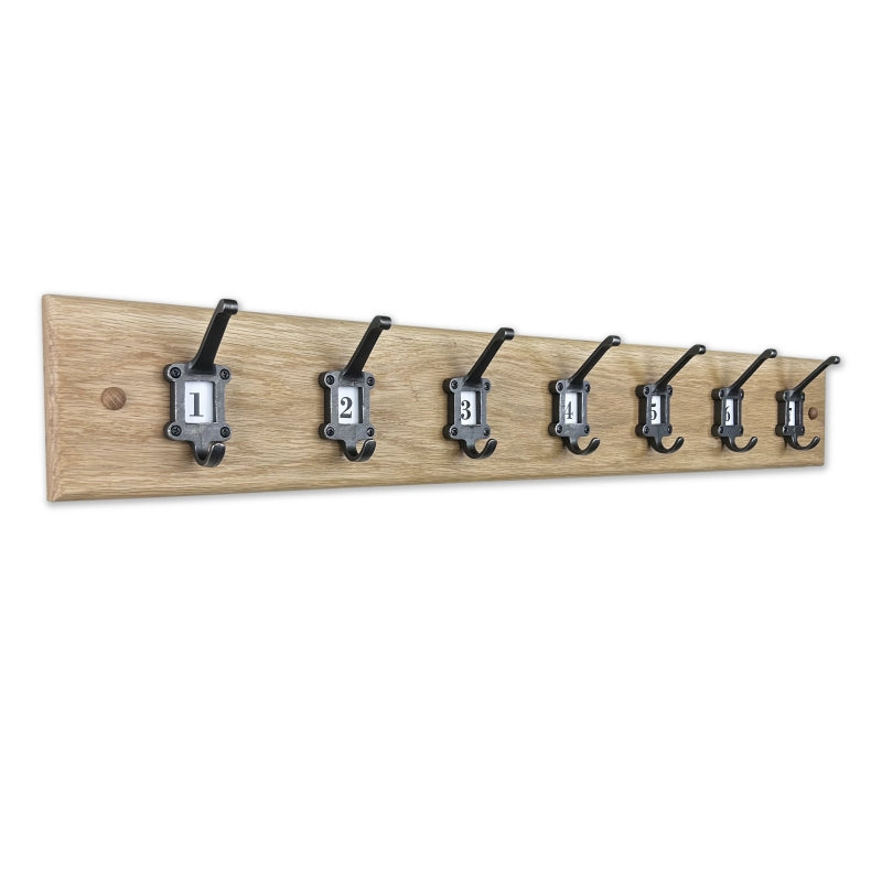 Solid oak rack - cast iron school style hooks