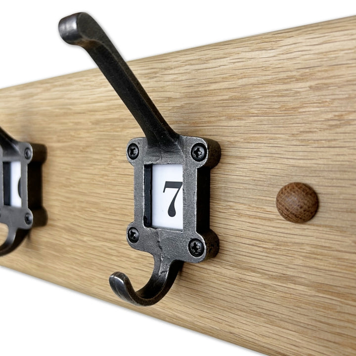 Solid oak rack - cast iron school style hooks