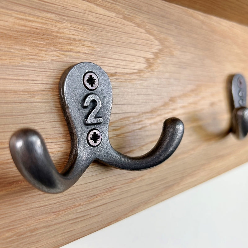 Oak coat rack with integrated shelf - 5 cast iron numbered hooks – Old Oak  Barrel
