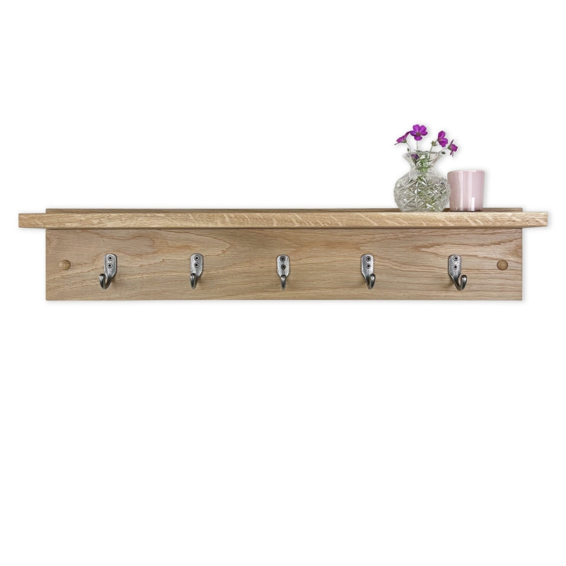 Oak Coat Rack with Integrated Shelf - Polished Cast Iron Single Hooks ...