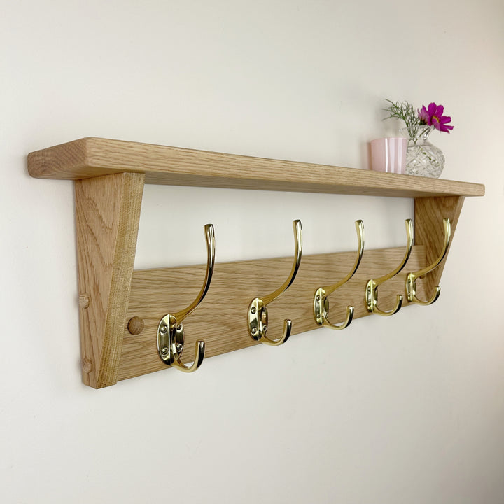 Oak coat rack with shelf - polished brass hooks