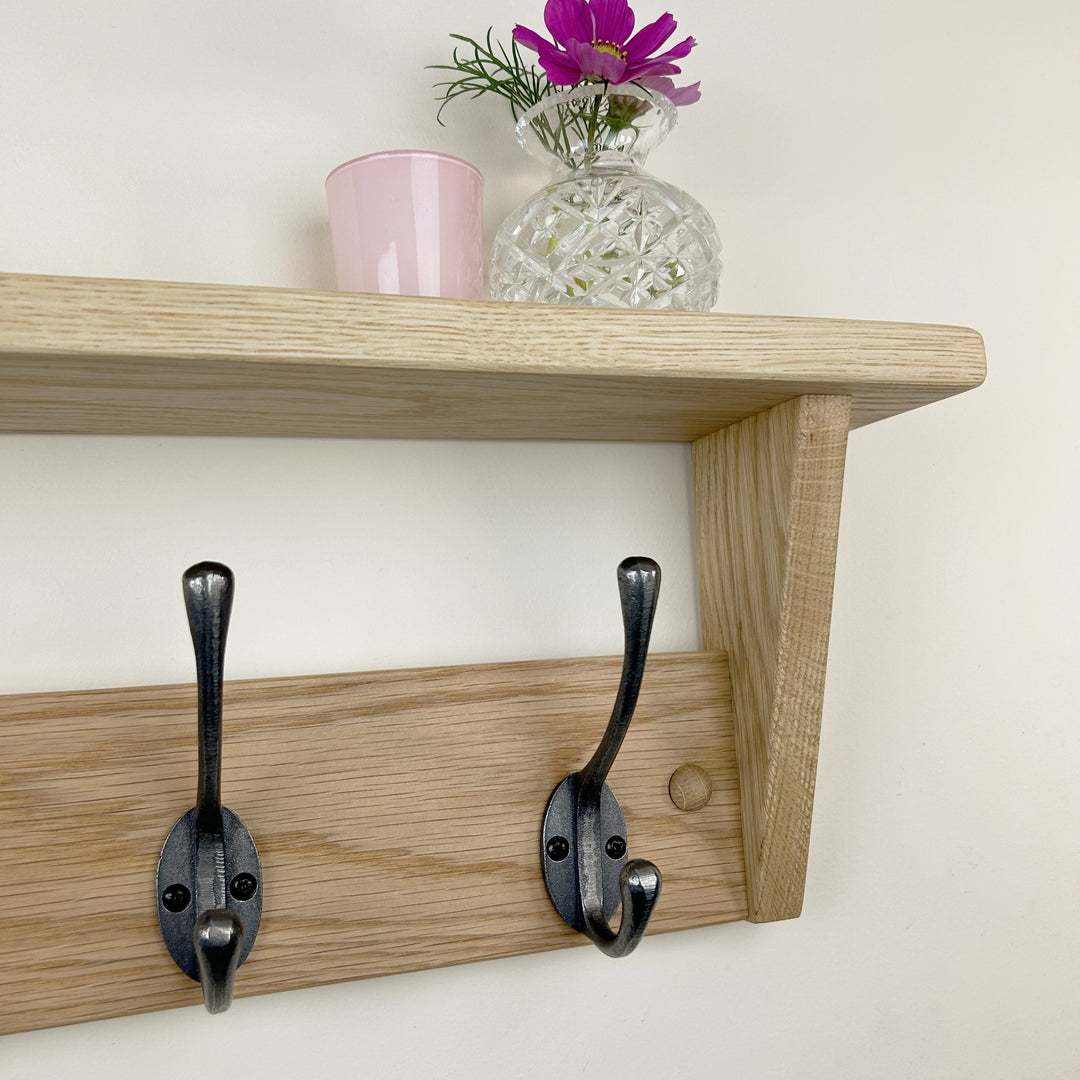 Oak coat rack with shelf - polished cast iron double hooks