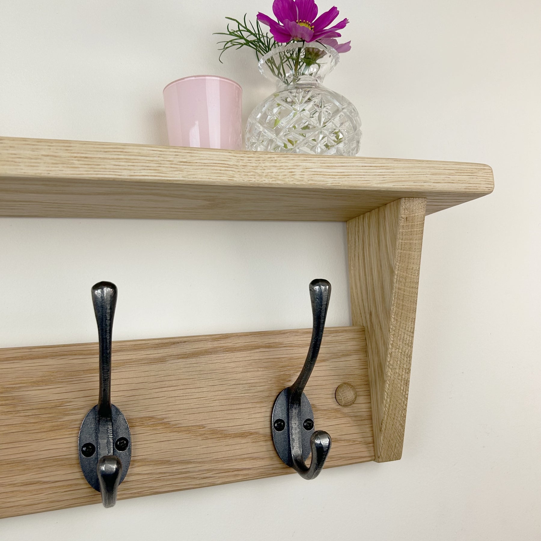 Oak Coat Rack with Shelf - Polished Cast Iron Double Hooks – Old Oak Barrel
