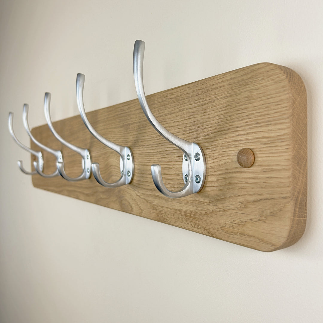 Oak Rack Curved Solid Oak Coat Rack - Satin Brushed Steel Hooks – Old Oak Barrel