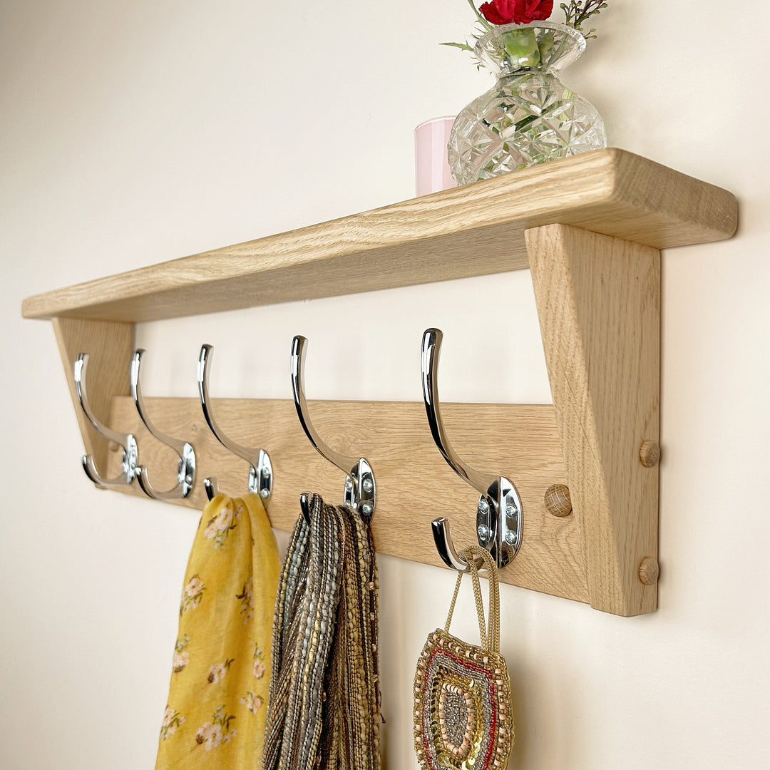 Oak coat rack with shelf - polished chrome hooks