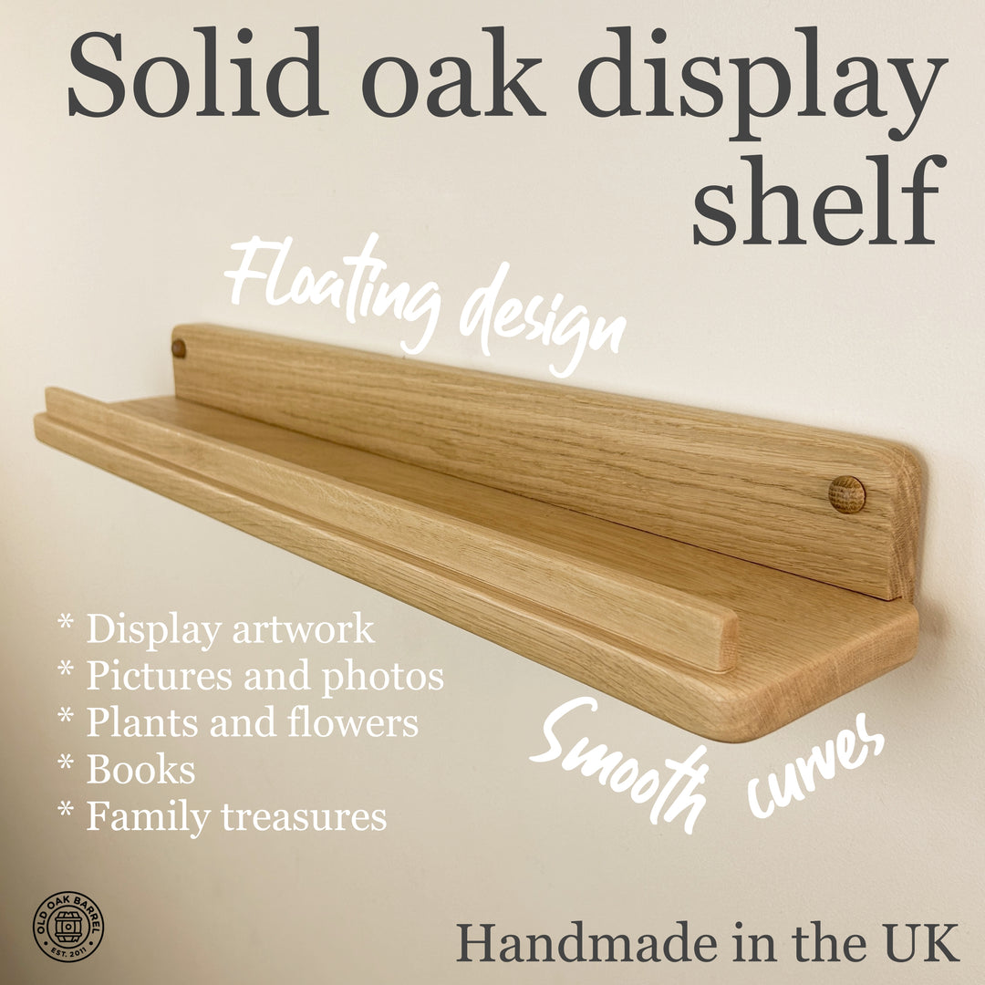 Solid oak floating display shelf with lip - picture/artwork ledge