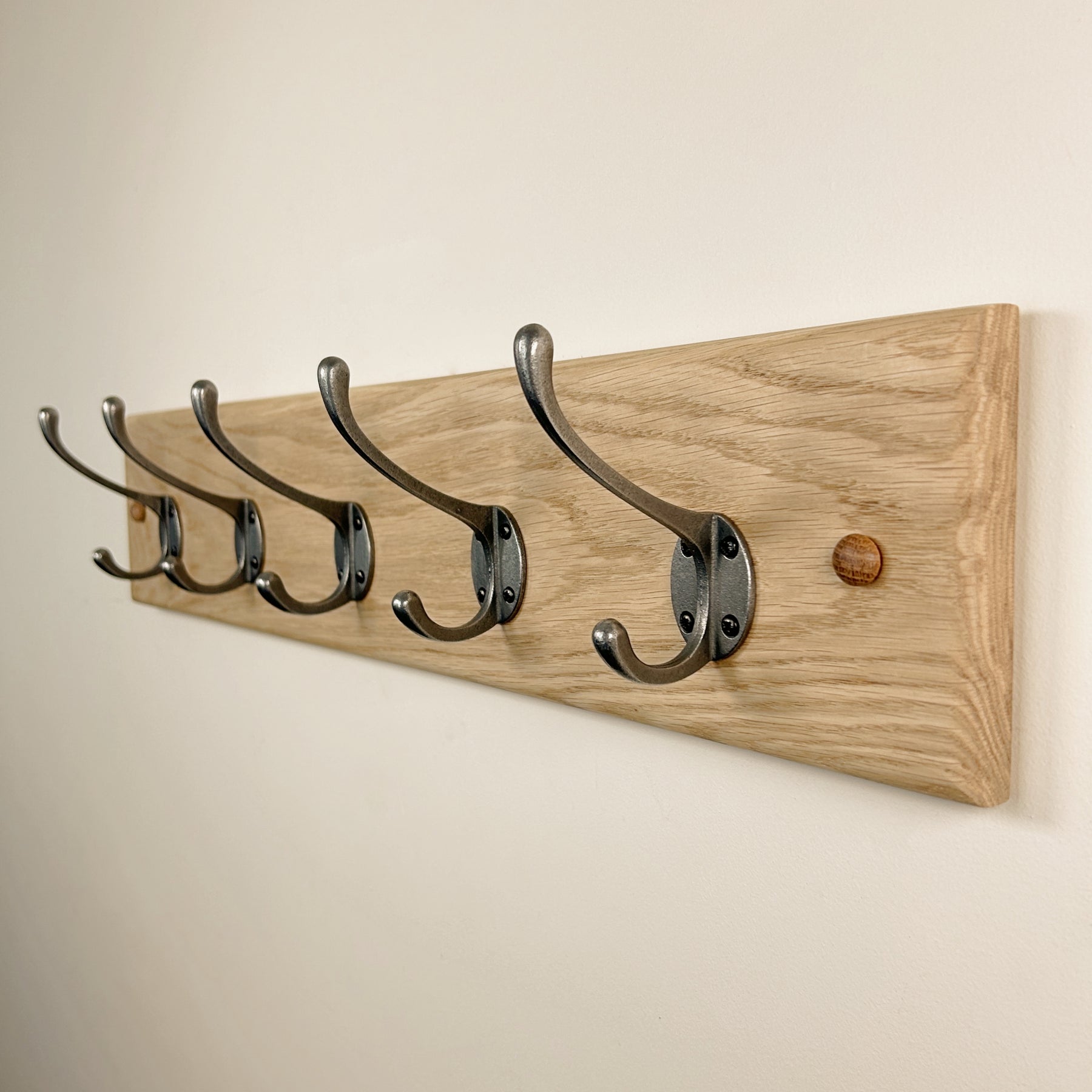6005 Rack Solid Oak Coat Rack - Polished Cast Iron Hooks – Old Oak Barrel