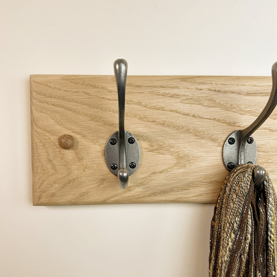 Solid oak coat rack - polished cast iron double hooks – Old Oak Barrel