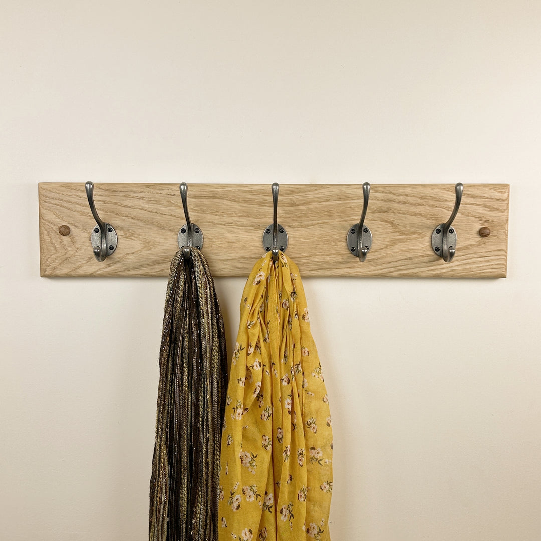 Solid oak coat rack - polished cast iron double hooks