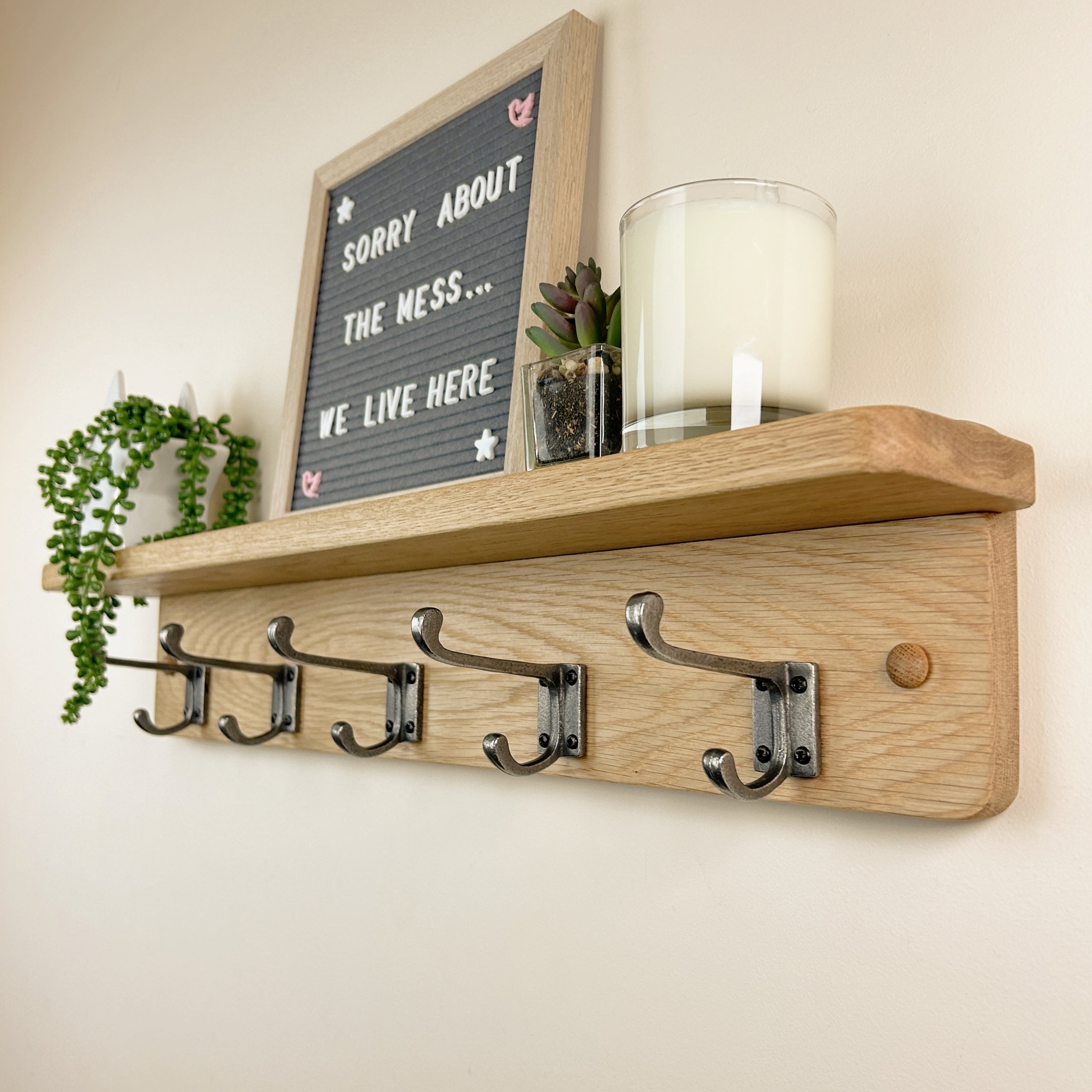 Oak Coat Rack with Integrated Shelf - Polished Cast Iron Double Hooks ...