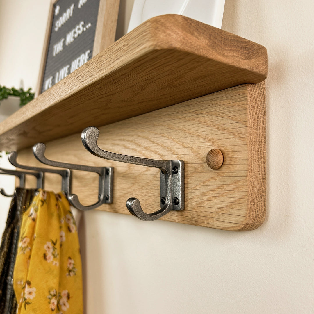 Oak coat rack with integrated shelf - polished cast iron double hooks