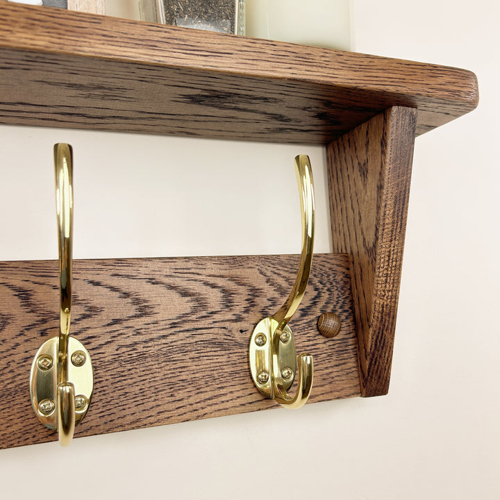 Oak coat rack with shelf - walnut finish with polished brass hooks