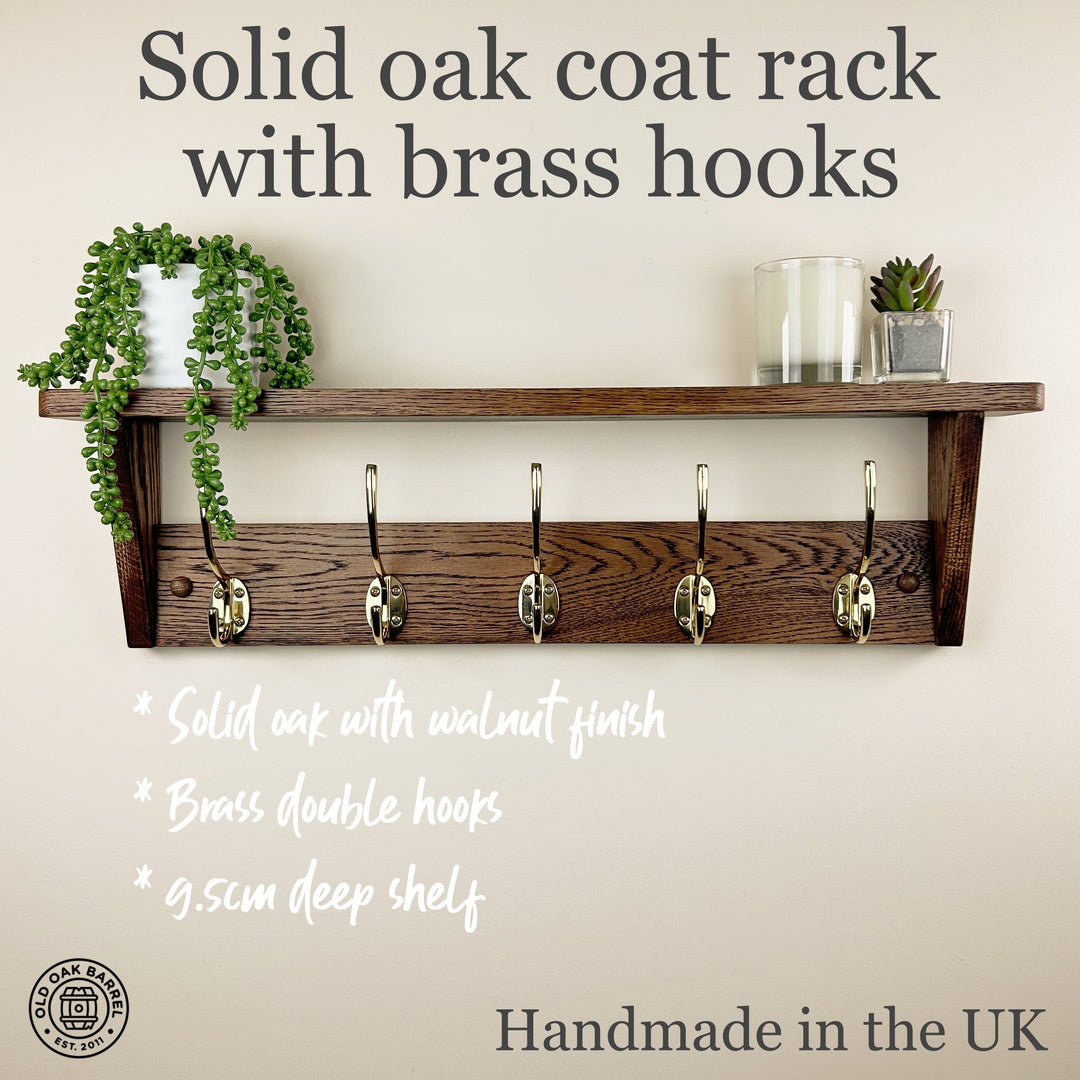 Oak coat rack with shelf - walnut finish with polished brass hooks